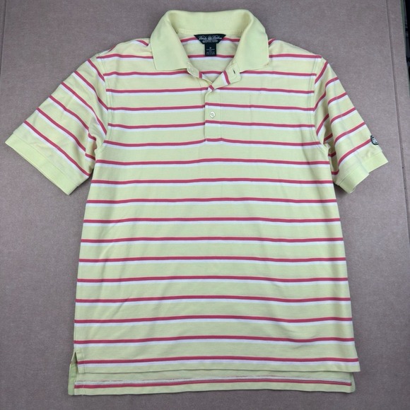 Brooks‎ Brothers Polo Shirt Men's Medium Yellow Red White Striped Country Club - Picture 1 of 9